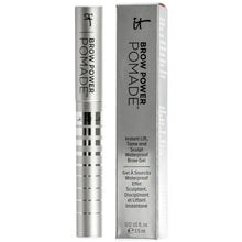 Silver brow pomade tube with matching box, waterproof gel formula.