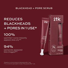 ITK Blackhead + Pore Scrub exfoliating tube on maroon promo card