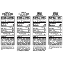 Sparkling juice nutrition facts panels for strawberry, blackberry, mango, and apple