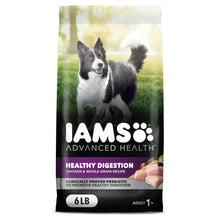 Dry dog food bag, black and purple, with dog photo and 6 LB weight label