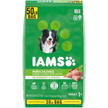 Dry dog food bag, green front with IAMS logo, Minichunks label, 50 lb bag