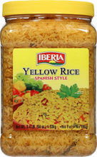 Jar of Iberia yellow rice with yellow lid and front label, yellow rice grains
