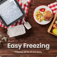 Ice machine with open lid, visible ice cubes and white ice basket with scoop
