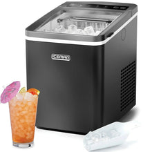 Countertop ice machine with open top showing ice cubes, dark stainless housing