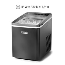 Compact countertop ice machine, front view with open top and ice cubes