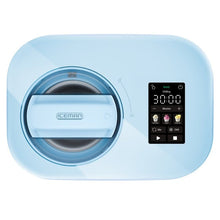 Blue ice cream maker with open mixing chamber and digital control display on top