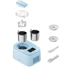 Blue ice cream maker parts kit, including mixing bowl, lids, scoops, and dispenser components