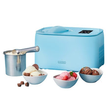 Blue ice cream maker with serving bowls and filled scoops, countertop freezer appliance
