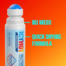 Icy Hot roll-on pain relief bottle close-up with blue cap