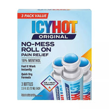 Icy Hot no-mess roll-on pain relief 3-pack box with three white bottles