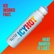 Icy Hot no-mess roll-on pain relief bottle, white with blue cap