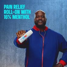 Icy Hot roll-on pain relief bottle held by person in blue athletic wear