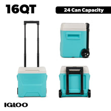 Aqua hard-sided ice chest cooler with wheeled base and white lid, front view