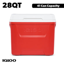 Red ice chest cooler with closed white lid, front view