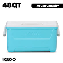 Hard-sided ice chest cooler, aqua blue body with white lid, 48 qt