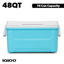 Hard-sided ice chest cooler in aqua blue with white lid, 48 qt