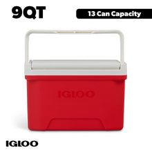 Igloo red 9 qt small cooler, 13 can capacity, front view with white lid