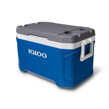 Blue 52 qt hard cooler with gray lid and white carry handles