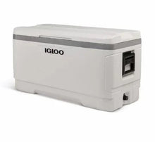 Igloo 150-Quart Maxcold cooler angled side with IGLOO logo, black latch, and drain