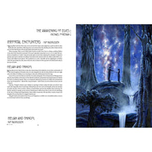 Hardcover illustrated book open, moonlit forest illustration with two standing figures