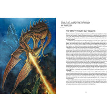 Hardcover illustrated book open, blue-toned dragon artwork with text on right page