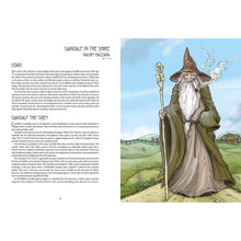 Open hardcover book with a wizard illustration on the right and story text columns.