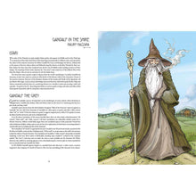 Hardcover illustrated book open, Gandalf character illustration with text on left page