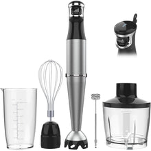 Immersion blender with whisk and chopper attachments, stainless steel shaft and black motor