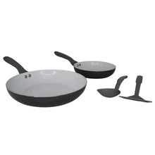Gray ceramic fry pan set with two pans and matching utensil tools