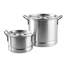 Aluminum tamales steamer set with two stacked pots and domed lids with handles