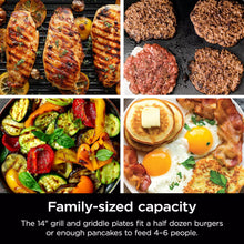 Indoor electric grill with assorted grilled and griddled foods on plates