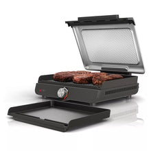 Indoor electric grill with open lid and interchangeable griddle plate, black base