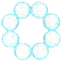 Blue circular water teether with soft textured loop bumps