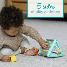 Baby pushing pieces on teal and white activity triangle shape sorter with rope beads