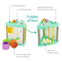 Baby activity triangle shape sorter, teal and white, with sliding beads and spinning gears