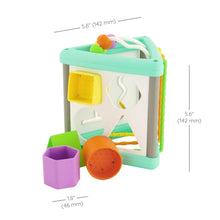 Baby activity triangle shape sorter, teal and white, shown with measurements