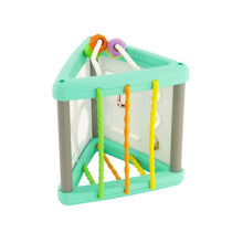 Baby activity triangle shape sorter with textured bead and rope elements in teal and white