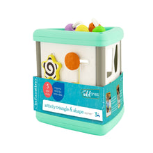 Baby activity triangle shape sorter, teal and white, with multicolor shape pieces