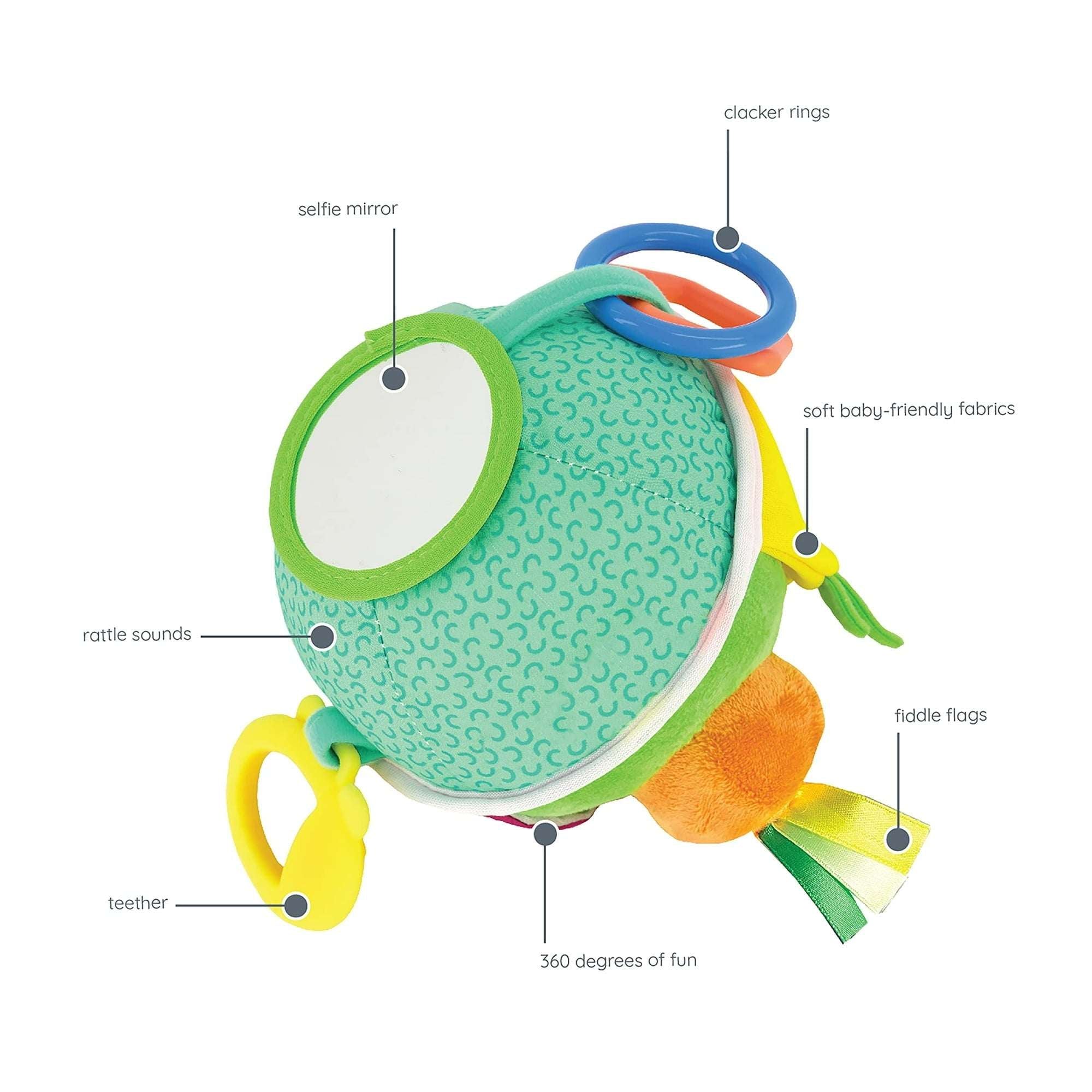 Infantino Busy Lil Soft Sensory Toy Ball with Activities for Babies 6-12 Months, Multicolor Fruits & Veggies