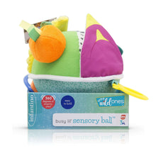 Busy sensory ball with green and purple fabric panels, orange plush topper, and ribbon tags