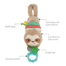 Multi-textured plush sloth toy with fiddly flags, textured teether, and teal crinkle leaf