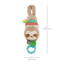 Hanging plush sloth toy with tan ears, patterned fabric bands, and teal teether