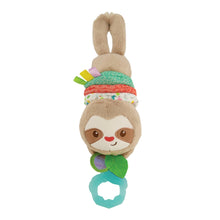 Hanging plush sloth toy with tan ears, colorful fabric rings, and teal crinkle leaf