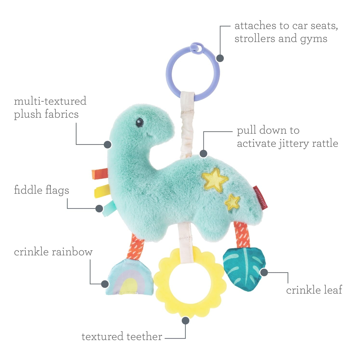 Infantino Shake & Pull Jittery Dinosaur Pal Plush Toy with Textures, Teether, Crinkle Sounds, and Stroller Clip for Babies 6-12 Months
