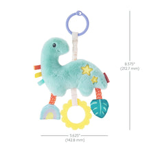 Teal plush dinosaur baby toy with star patches and dangling multi-texture sections.