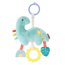 Teal plush dinosaur baby toy with blue ring handle and hanging multi-texture parts.