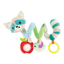 Multicolor plush spiral activity toy with raccoon face, leaf wings, ring mirror, and rattle