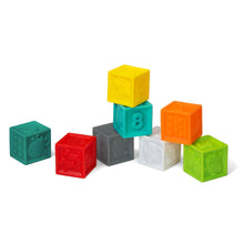 Multicolor plastic toy block set of cube blocks with embossed faces, 8-piece