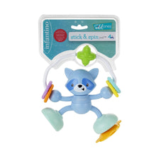 Stick & spin toy with blue raccoon character, suction base, and multicolor parts