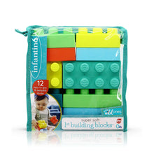 Infantino 12-piece super soft building blocks in a clear zip bag with multicolor pieces